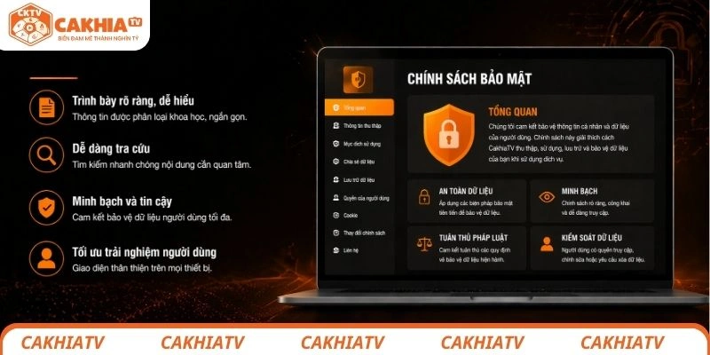 Chính sách bảo mật CakhiaTV và quyền lợi người dùng 1 Giao diện chính sách bảo mật dữ liệu trực quan